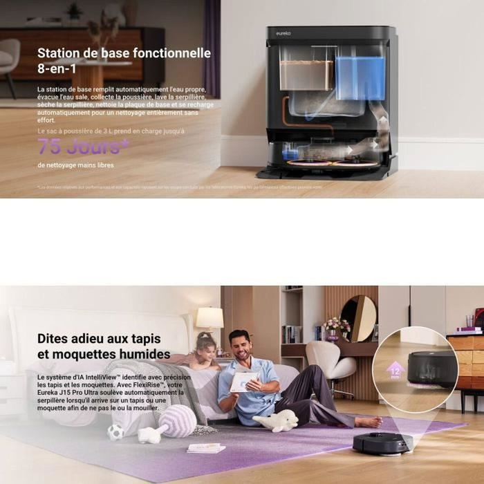 Eureka J15 Pro Ultra Robot Aspirateur 16 200 Pa, Eau Chaude 75°C, FlexiMop, Noir