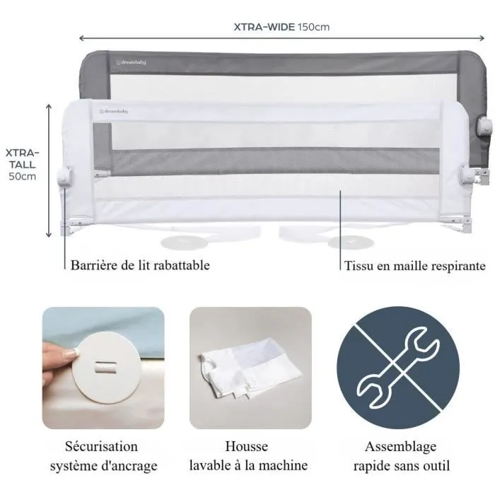 Dreambaby Barrière de lit Nicole extra-large 150 x 50 cm - Compatible lits king-size et lits plats - Housse lavable - Gris
