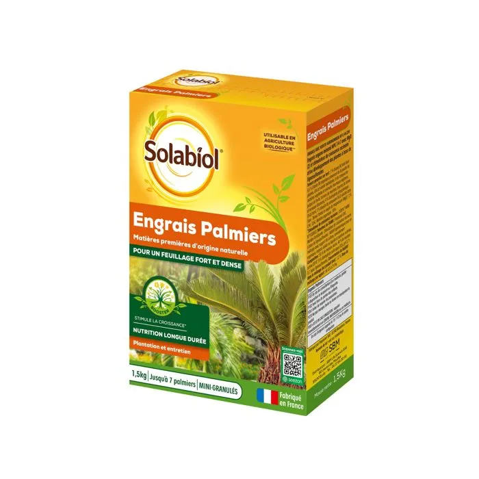 SOLABIOL Engrais pour Palmiers et Plantes Méditerranéennes - 1,5 kg - Nourrit Durablement pour un Feuillage Fort et Dense - Jusqu'à 7 Palmiers SOLABIOL Engrais pour Palmiers et Plantes Méditerranéennes - 1,5 kg - Nourrit Durablement pour un Feuillage Fort et Dense - Jusqu'à 7 Palmiers