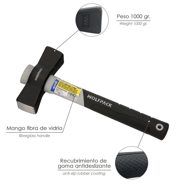 WOLFPACK LINEA PROFESIONAL Maceta de maçon 1000 g manche fibre de verre WOLFPACK LINEA PROFESIONAL Maceta de maçon 1000 g manche fibre de verre