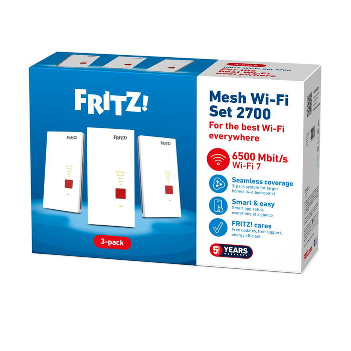 Fritz! FRITZ!Repeater 2700 3-Pack Wi-Fi 7 Mesh Répéteur WiFi 6,5 Gbps 2,4 GHz 5 GHz Port LAN 2,5 Gigabit 20003139 Fritz! FRITZ!Repeater 2700 3-Pack Wi-Fi 7 Mesh Répéteur WiFi 6,5 Gbps 2,4 GHz 5 GHz Port LAN 2,5 Gigabit 20003139