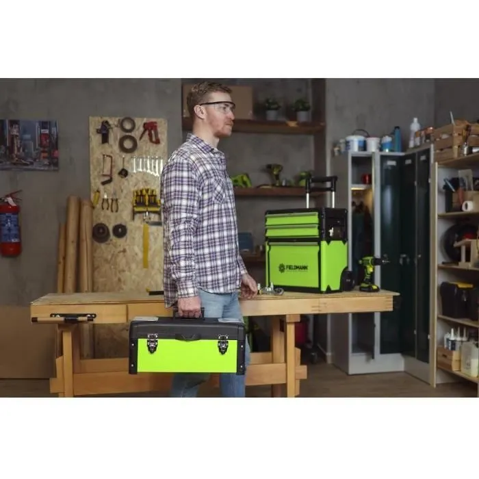 Fieldmann - Mallette à outils 3 pièces métallique avec roues et poignée télescopique FDN 4150, compartiments amovibles et tiroirs pour transport facile