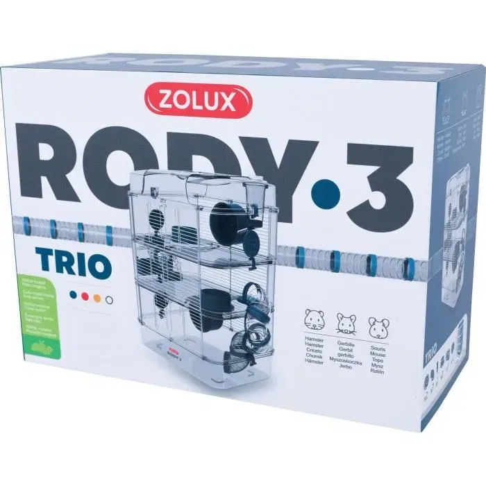Zolux Rody3 trio - Cage à 3 étages pour hamster, souris et gerbille - Avec roues, tubes, biberon, gamelles et nid - 41 x 27 x 53 cm - Bleu