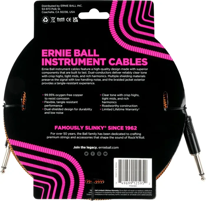 Ernieball Câble pour Instrument Tressé Jack-Jack SS 5,5 m - Orange / Noir