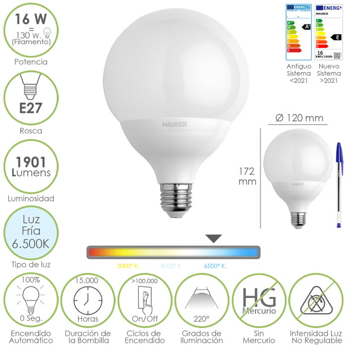 MAURER Bombilla LED Globo E27 16W 6500K MAURER Bombilla LED Globo E27 16W 6500K