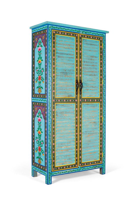 GINER Y COLOMER - Armoire en bois de manguier avec design artisanal mallorquin, couleur bleu vibrant, porte à listons horizontaux, barre à cintres, étagère amovible - Haut. 2 m