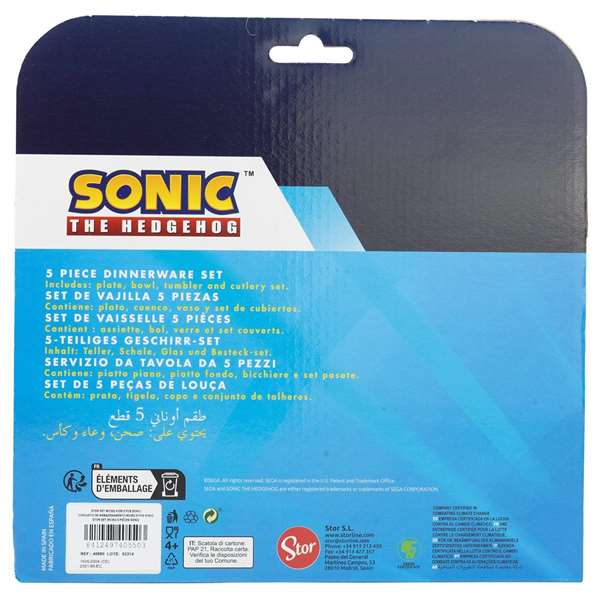 Stor Set de couverts et vaisselle Sonic pour enfant (assiette, bol, verre, cuillère, fourchette) - Apte au micro-ondes