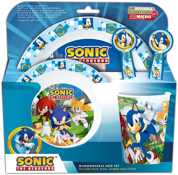 Stor Set de couverts et vaisselle Sonic pour enfant (assiette, bol, verre, cuillère, fourchette) - Apte au micro-ondes