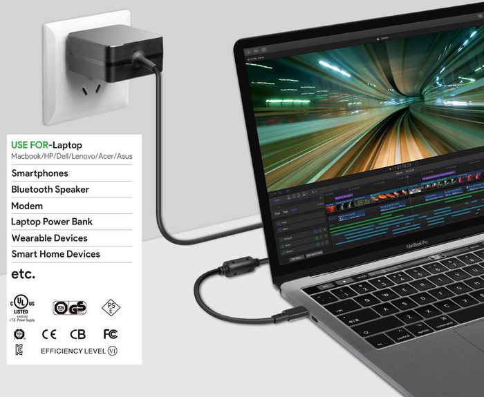 CoreParts Adaptateur Secteur 45W USB-C 5V/2A avec Prise UE, 5V2A 9V2A 12V2A 15V3A 20V2.25A