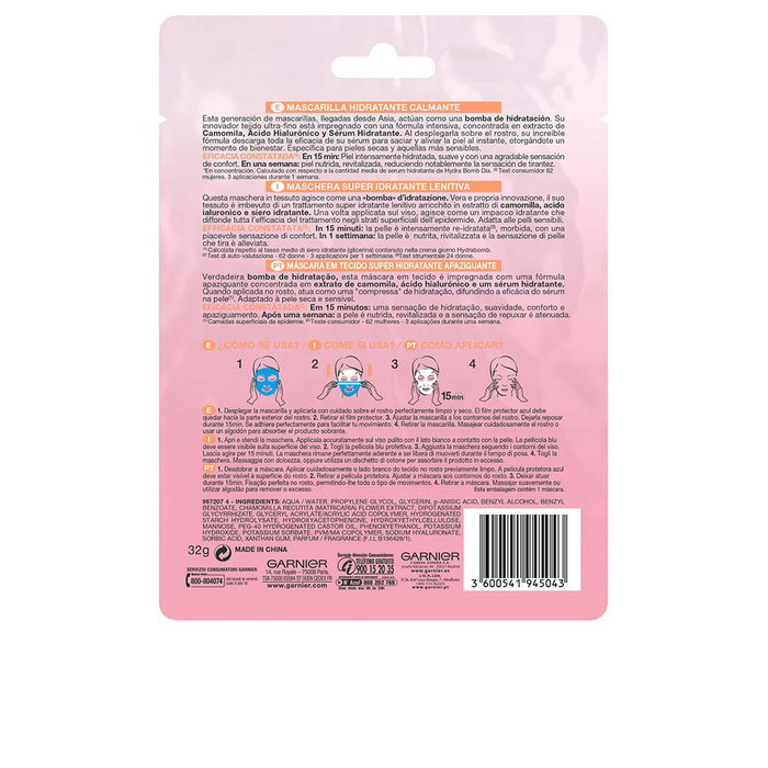 Garnier SKINACTIVE HYDRABOMB Masque Facial Hydratant Calmant pour Peaux Sèches-Sensibles, 1 Unité