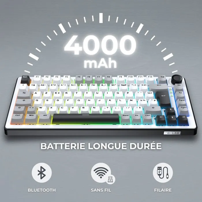 The G-Lab Clavier Mécanique Gamer KEYZ Elite 300 WG TKL AZERTY RGB Blanc - Triple Mode 2.4 GHz/Bluetooth/Filaire - PBT Double Injection - Hot Swappable