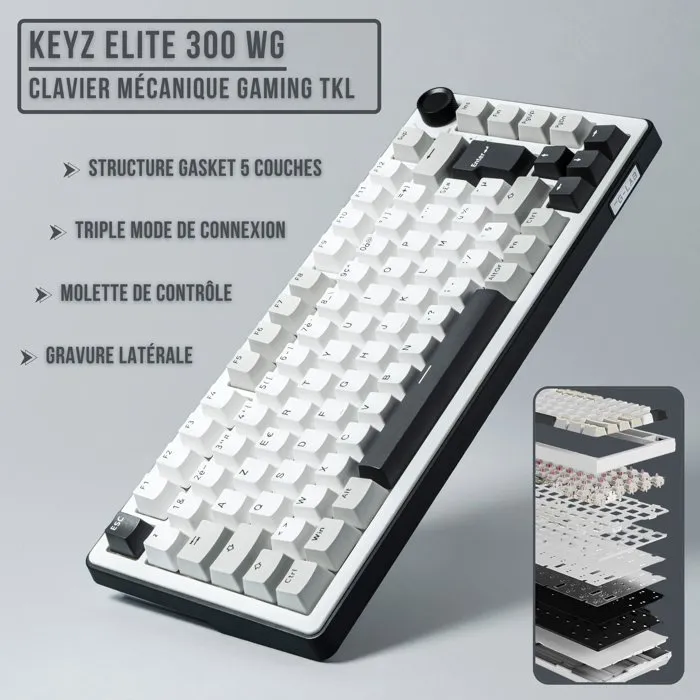 The G-Lab Clavier Mécanique Gamer KEYZ Elite 300 WG TKL AZERTY RGB Blanc - Triple Mode 2.4 GHz/Bluetooth/Filaire - PBT Double Injection - Hot Swappable