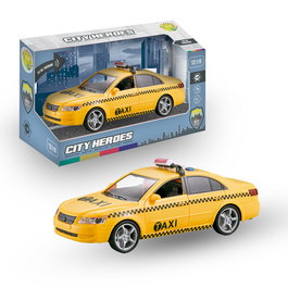 TACHAN Taxi Héros de la Ville avec Lumière et Son 1:16 - Véhicule à friction, Fonctionne en 6 Langues