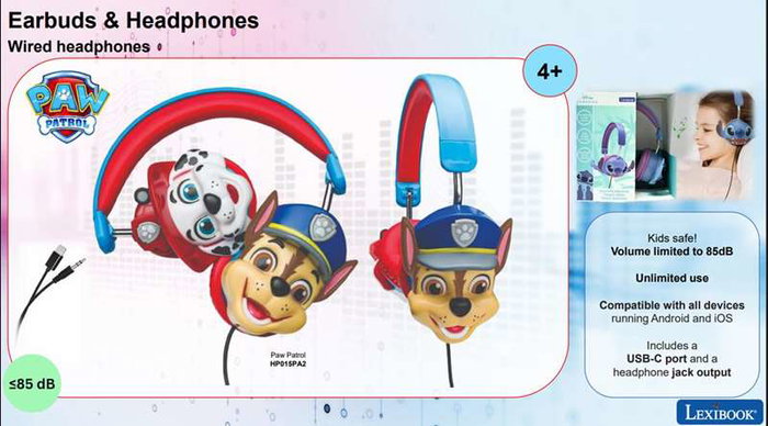 Lexibook Auriculares pour enfants - Casque audio pliable Paw Patrol avec câble et port USB, volume limité sécurité, à partir de 4 ans