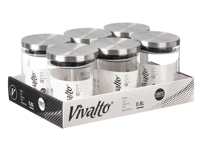 Vivalto Pot rond en verre borosilicate 800 ml avec couvercle acier et joint silicone 10x13x10 cm (Set de 12)