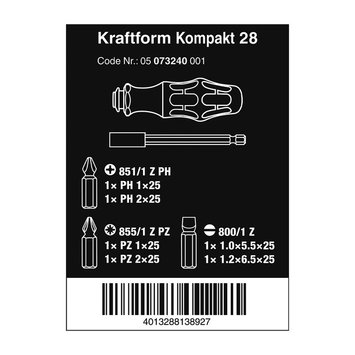 Wera 05073671001 Tournevis porte-embouts extensible kompakt 28, 6 embouts 25 mm