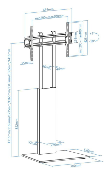 Tooq Support Sol pour Écran VESA 32"-85", Compatible VESA 200x200 à 600x400, Noir, Charge Maximale 40 kg, Réglable en Hauteur 1115-1415 mm