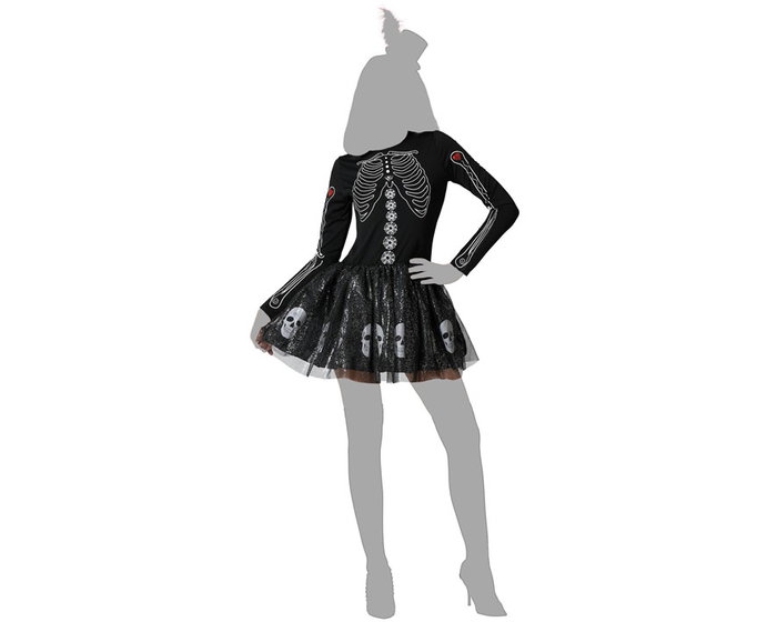 Déguisement Squelette Femme Adulte Noir avec Jupe Tulle Brillant et Chapeau - Motif Squelette Blanc, Taille M-L, pour Halloween et Soirées Fantaisie