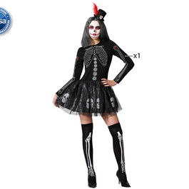 Déguisement Femme Squelette Noir avec Jupe Brillante et Chapeau, Style Gothique Élégant pour Adultes M-L