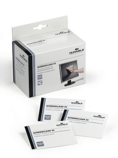 Durable - Lingettes nettoyantes humides pour écrans et surfaces vitrées SCREENCLEAN, solution sans alcool antistatique, boîte de 50 sachets individuels