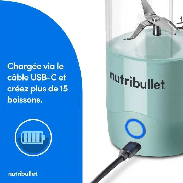Nutribullet NBP003LBL - Blender Portable Rechargeable USB-C, 70W, Capacité 0.475L, Bleu Clair, Gourde Incluse - Idéal pour Boissons, Smoothies et Voyages