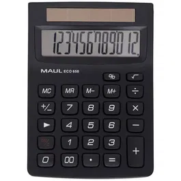 Calculatrice de bureau MAUL ECO 650 à 12 chiffres, écologique alimentée par énergie solaire, écran incliné, 3 mémoires, en plastique recyclé - Noir