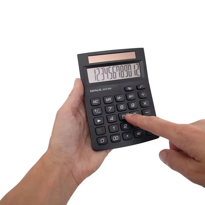 Calculatrice de bureau MAUL ECO 650 à 12 chiffres, écologique alimentée par énergie solaire, écran incliné, 3 mémoires, en plastique recyclé - Noir