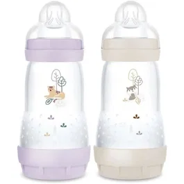 MAM - Lot de 2 Biberons Easy Start Anti-Colique 260 ml avec tétines débit 2 - Couleurs Lilas et Sable