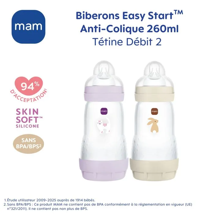 MAM - Lot de 2 Biberons Easy Start Anti-Colique 260 ml avec tétines débit 2 - Couleurs Lilas et Sable