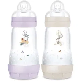 MAM - Lot de 2 Biberons Easy Start Anti-Colique 260 ml avec tétines débit 2 - Couleurs Lilas et Sable
