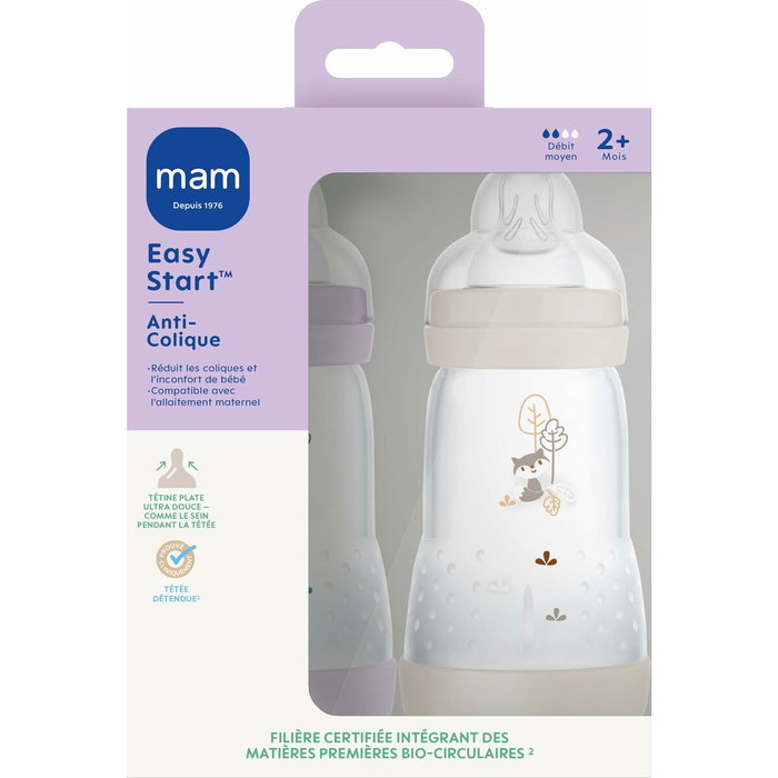 MAM Lot de 2 Biberons Easy Start Anti-Colique 260 ml - Lilas + Sable MAM Lot de 2 Biberons Easy Start Anti-Colique 260 ml - Lilas + Sable