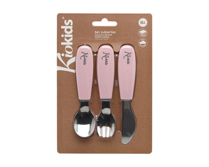 KioKids Set de Couverts Bébé en Acier Inoxydable et Silicone Rose pour Enfant dès 6 Mois, Compatible Lave-vaisselle, 4 Pièces, Kiokids Collection Petits Moments