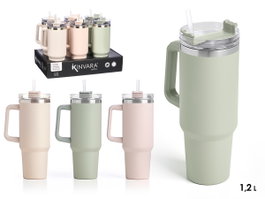 Kinvara Gobelet Isotherme 1200 ml avec Anse et Paille - Couleurs Assorties (Rose, Vert, Crème) - 15x32x10 cm (Set de 12)