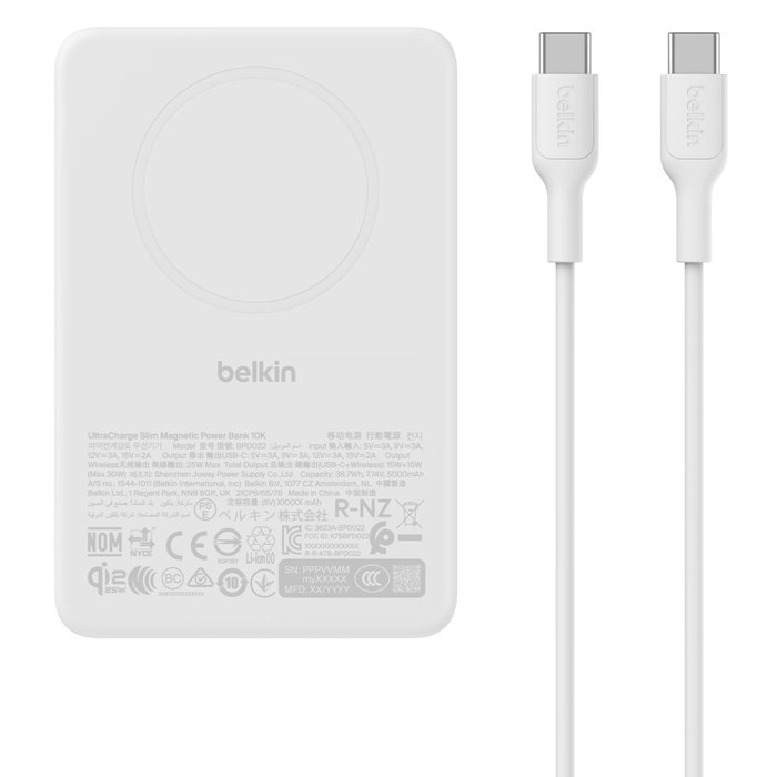 Belkin UltraCharge Pro Slim Magnetic Power Bank 10K Qi2 25W PD30W White Belkin UltraCharge Pro Slim Magnetic Power Bank 10K Qi2 25W PD30W White
