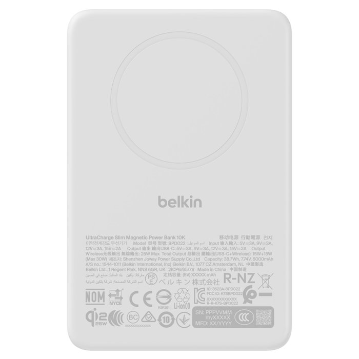 Belkin UltraCharge Pro Slim Magnetic Power Bank 10K Qi2 25W PD30W White Belkin UltraCharge Pro Slim Magnetic Power Bank 10K Qi2 25W PD30W White