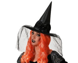 Atosa Chapeau de Sorcière avec Roses Noires et Voile Halloween