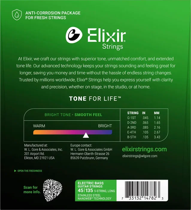 ELIXIR Jeu de cordes Nanoweb 5 cordes en acier inoxydable M 45-135 ELIXIR Jeu de cordes Nanoweb 5 cordes en acier inoxydable M 45-135
