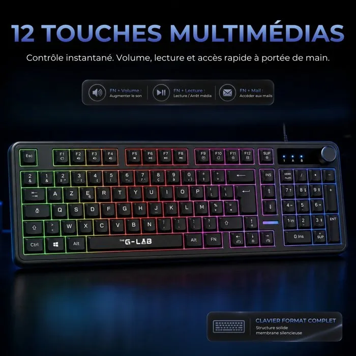 The G-Lab KEYZ CAESIUM EX - Clavier gamer membrane Rainbow - Noir
