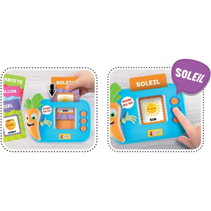 Liscianigiochi CAROTINA Le Petit Polyglotte - Jeu Éducatif Bilingue Français Anglais avec 100 Mots & Quiz Interactif pour Enfants dès 3 ans