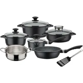 GSW Gourmet Granit - Set batterie de cuisine 10 pièces en fonte d'aluminium, compatible induction - Marmites 20/24 cm, casserole 16 cm, poêle et sauteuse 24 cm, panier vapeur