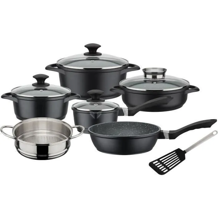 GSW Gourmet Granit - Set batterie de cuisine 10 pièces en fonte d'aluminium, compatible induction - Marmites 20/24 cm, casserole 16 cm, poêle et sauteuse 24 cm, panier vapeur GSW Gourmet Granit - Set batterie de cuisine 10 pièces en fonte d'aluminium, compatible induction - Marmites 20/24 cm, casserole 16 cm, poêle et sauteuse 24 cm, panier vapeur