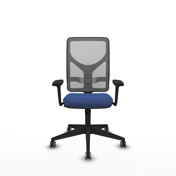 Chaise Motilla Synchro 3 positions tissu Bleu foncé Maille Gris Base pyramidale noire Accoudoir 3D Sans appui-tête Roulettes 65mm pour moquette