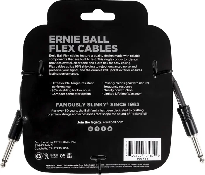 Ernie Ball Câble Instrument Flex Jack-Jack 3 M Noir, Blindage 95%, Connecteurs SS