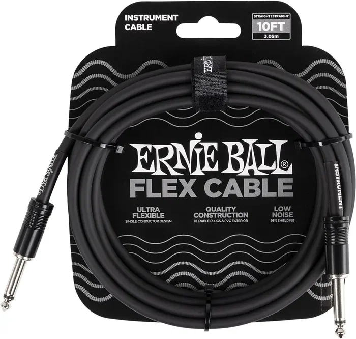 Ernie Ball Câble Instrument Flex Jack-Jack 3 M Noir, Blindage 95%, Connecteurs SS
