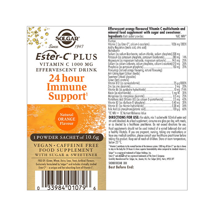 Solgar Poudre Effervescente Ester-C Plus Vitamine C 1000mg, Zinc, Vitamines B et Magnésium - 21 unités Solgar Poudre Effervescente Ester-C Plus Vitamine C 1000mg, Zinc, Vitamines B et Magnésium - 21 unités