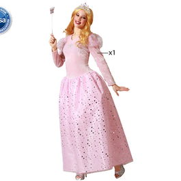 Disfraz Déguisement Adulte Fée Marraine Rosa pour Femme M-L, Robe Longue avec Détails Argentés - Polyester