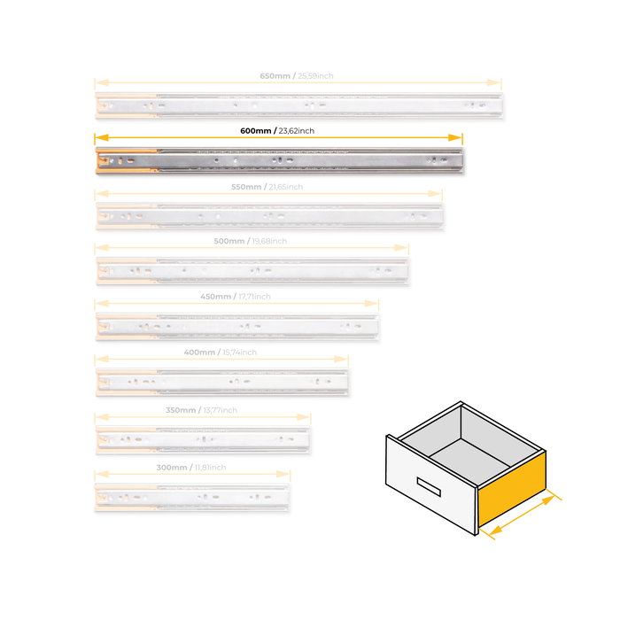Emuca Jeu de coulisses à billes pour tiroirs à sortie totale, fermeture amortie, hauteur 45mm, longueur 600mm, Acier, Zingué Emuca Jeu de coulisses à billes pour tiroirs à sortie totale, fermeture amortie, hauteur 45mm, longueur 600mm, Acier, Zingué