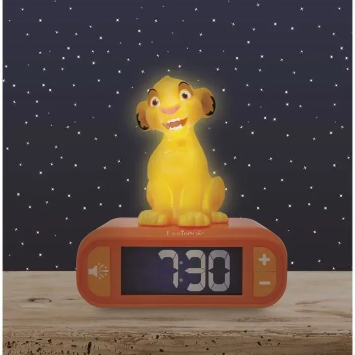 Lexibook Reveil Veilleuse Digital Simba - Reveil 3D Lumineux et Sonore pour Enfants avec 6 Sonneries, Ecran LCD Retro-éclairé et Fonction Snooze - Jaune