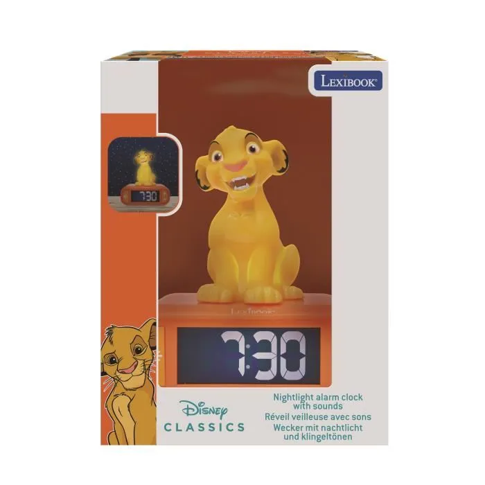 Lexibook Reveil Veilleuse Digital Simba - Reveil 3D Lumineux et Sonore pour Enfants avec 6 Sonneries, Ecran LCD Retro-éclairé et Fonction Snooze - Jaune