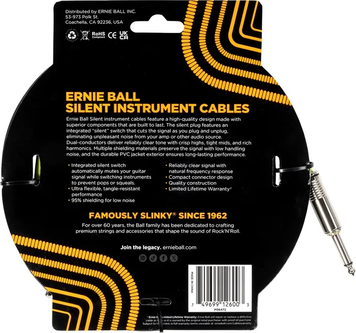 Ernieball Câble Instrument Silent Jack-Jack SS 3 m Noir - Haute Fidélité avec Interrupteur Silencieux, Blindage 95% Ernieball Câble Instrument Silent Jack-Jack SS 3 m Noir - Haute Fidélité avec Interrupteur Silencieux, Blindage 95%
